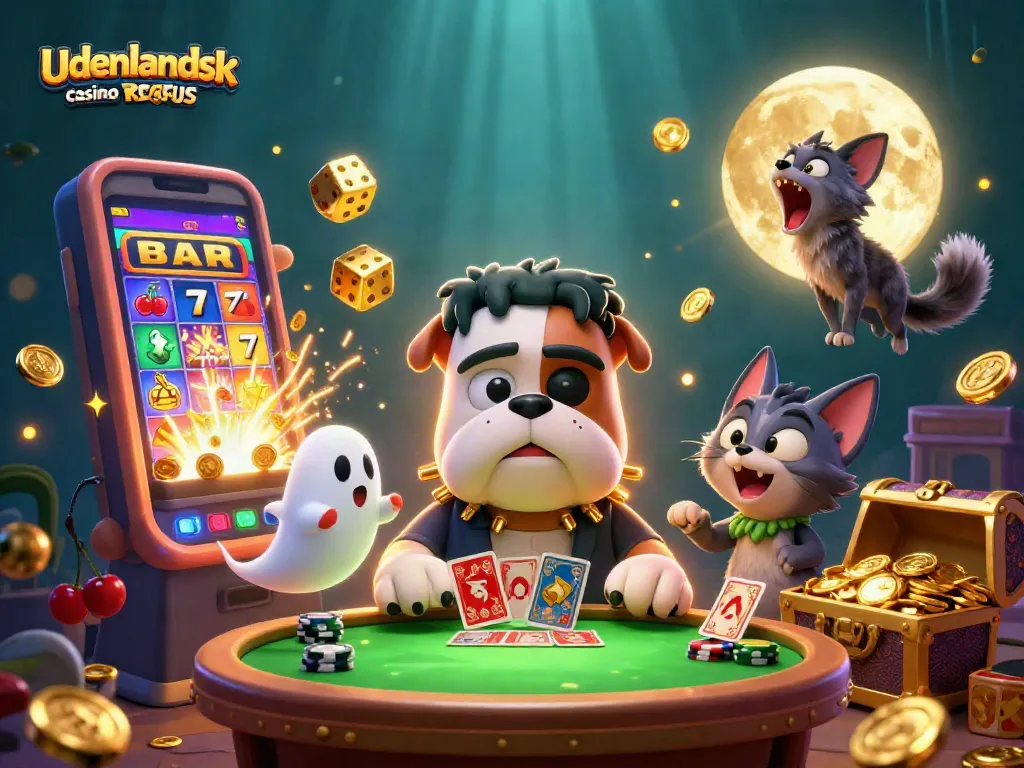 Engage with udenlandsk casino uden ROFUS featuring a Frankenstein bulldog monster and gold-themed elements.