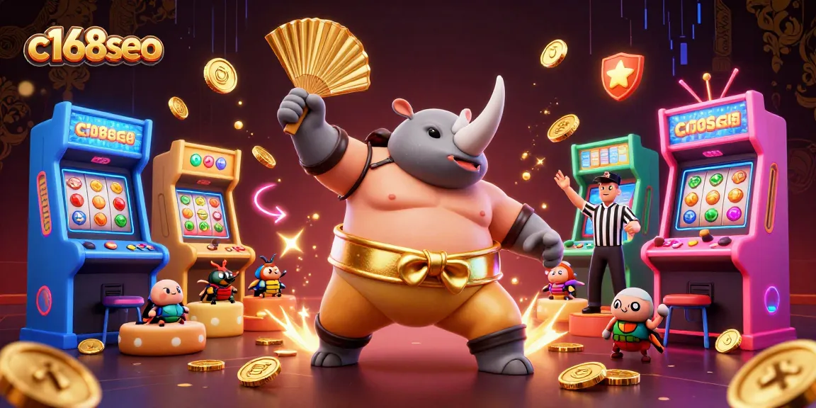 c168seo promotes gaming fun featuring a vibrant scene with a rhinoceros beetle sumo champion and arcade elements.
