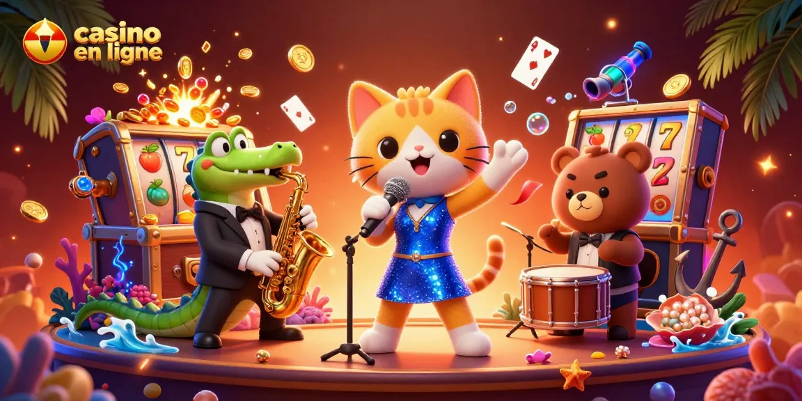 Profitez d'une scène de casino en ligne dynamique avec des personnages de jazz en 3D et des éléments de machines à sous.