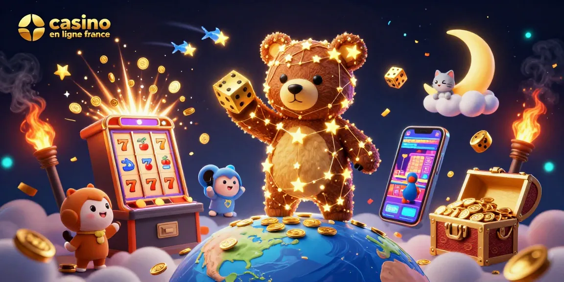 Plongez dans l'univers des jeux avec casino en ligne France, une illustration 3D dynamique de machines à sous et de gains éclatants.