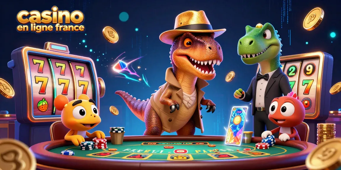Jouez au casino en ligne France avec des personnages dinosaures dans une scène dynamique de machines à sous.