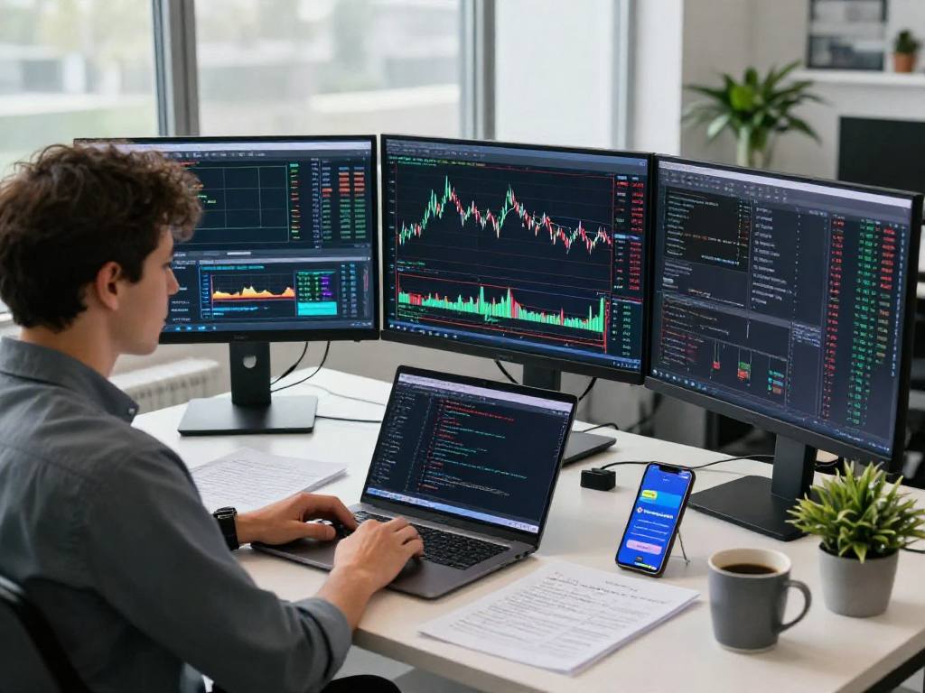 Analyst using TradingView on multiple monitors in a modern office, showcasing market data and analysis tools.