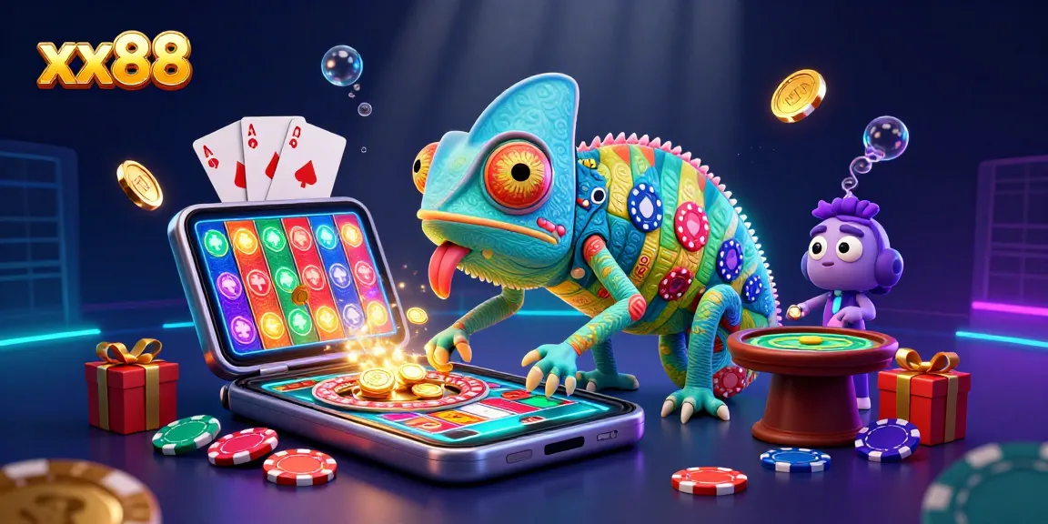 Enjoy dynamic gaming action at xx88 with a colorful chameleon casino owner amidst exciting game elements.