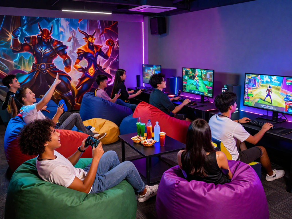 Group enjoying interactive porn games in a vibrant gaming lounge, showcasing community engagement.