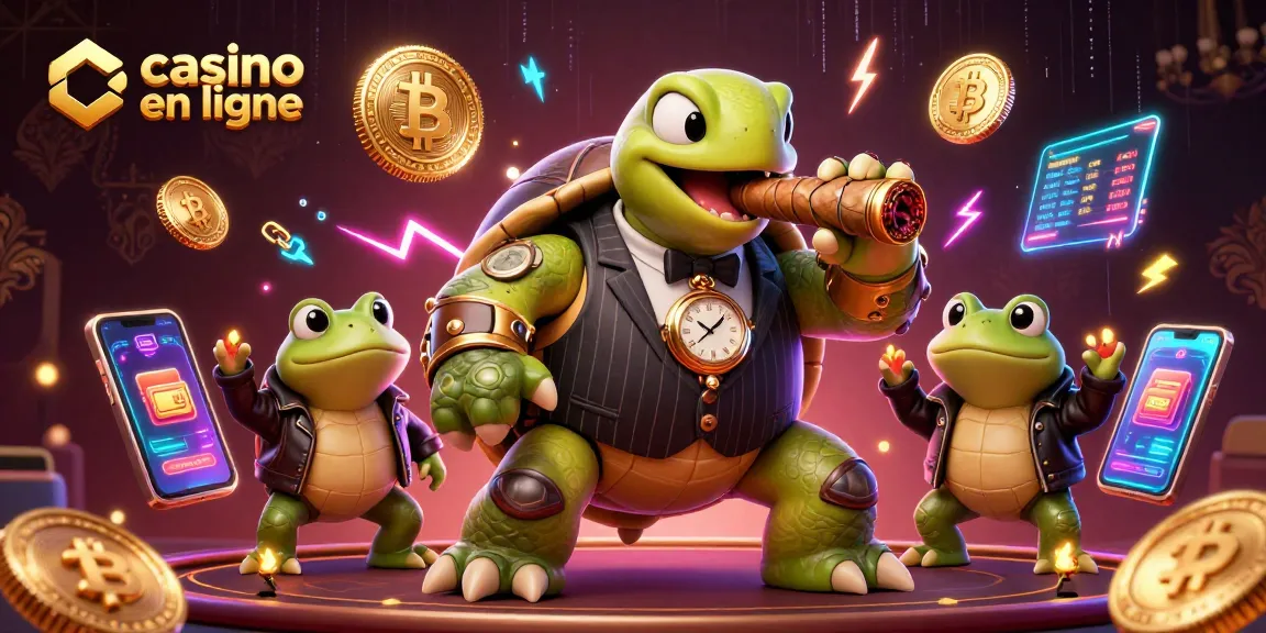 Explorez le meilleur casino en ligne avec une scène de tortue et de grenouilles sur fond de crypto-monnaies.