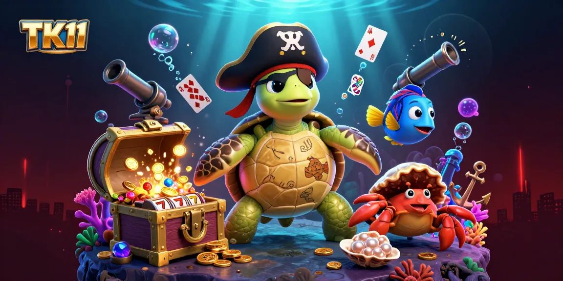 Experience thrilling games at TK11 as a pirate turtle, crab, and parrotfish uncover treasures!