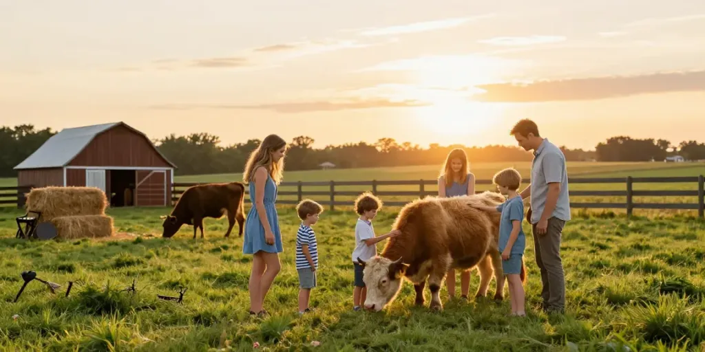Mini cow grazing with children in a peaceful rural farm setting.