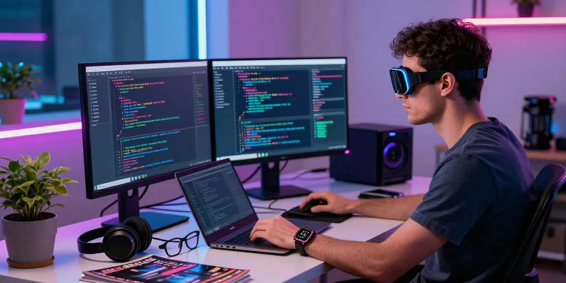 Person using AI wearables while coding, surrounded by tech gadgets in a modern workspace.