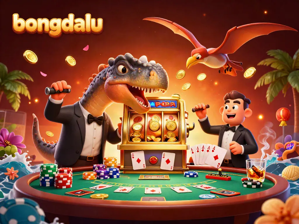 Experience Bongdalu excitement with a dinosaur-themed casino scene featuring jackpot wins and colorful poker elements.