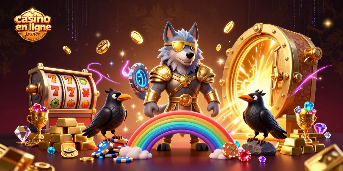 Illustration dynamique d'une scène de casino en ligne France avec Odin et ses corbeaux, trésors et effets lumineux.