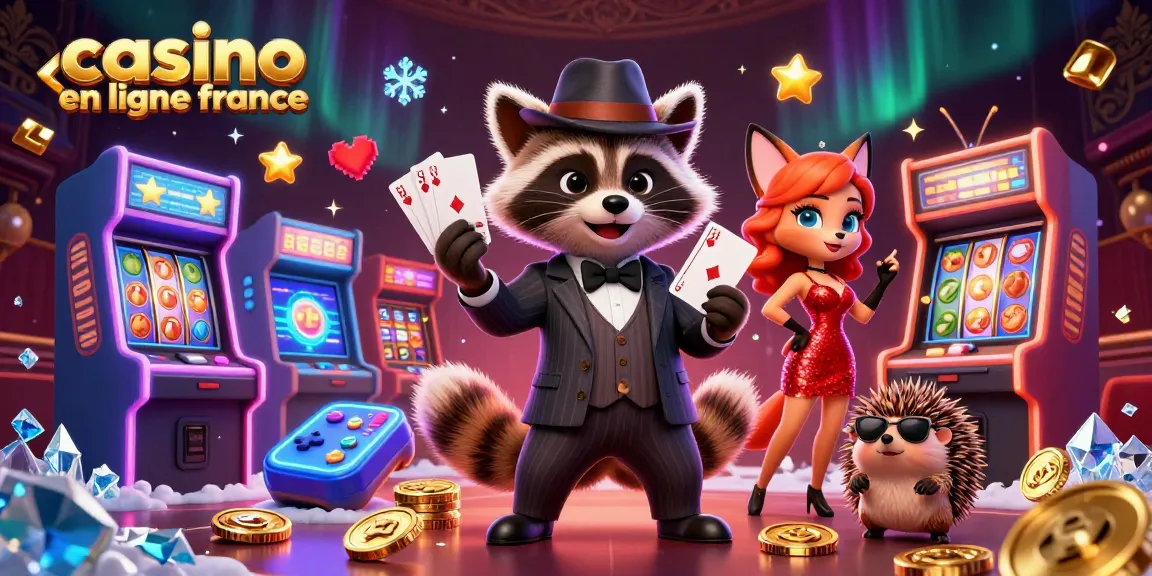 Illustration dynamique de casino en ligne France avec une famille de personnages et des machines à sous.