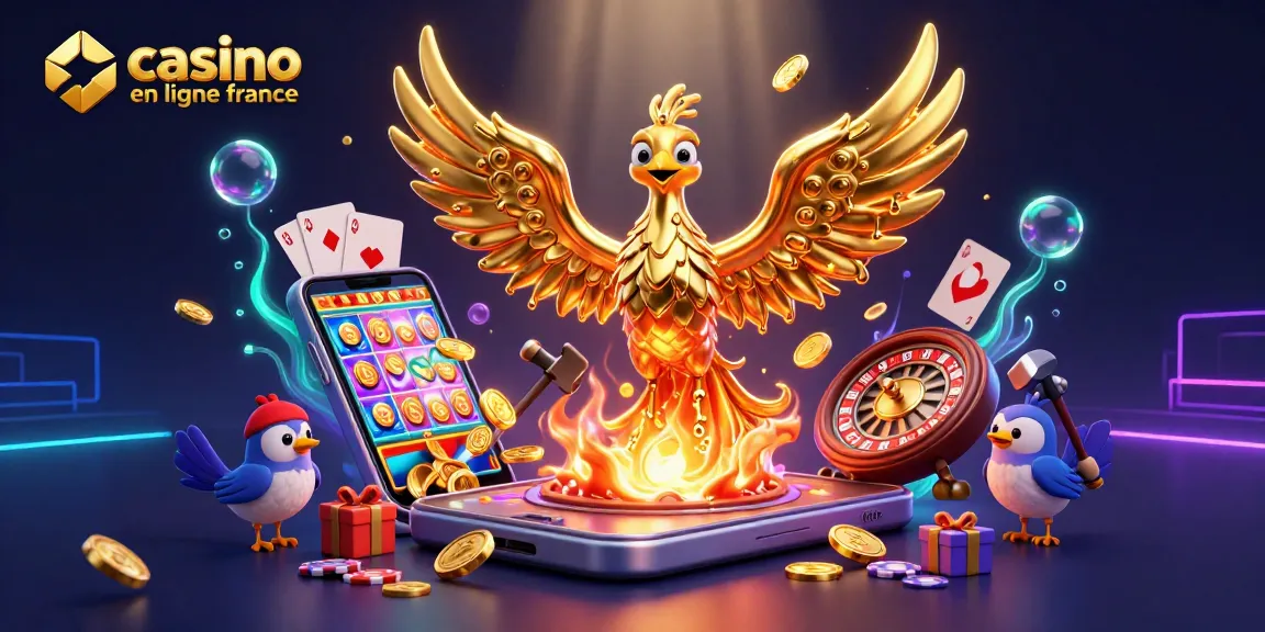 Visualisez le casino en ligne France avec un phoenix doré et des jeux de casino dynamiques.