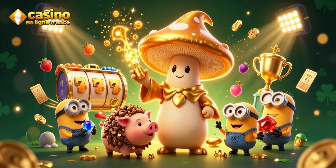 Illustration dynamique "casino en ligne France" avec un wizard doré, un cochon et des gemmes.