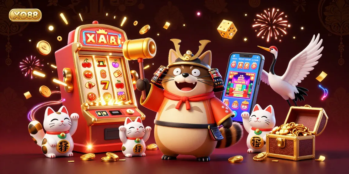 Engage with thrilling casino action at XO88 featuring a cheerful tanuki surrounded by vibrant game elements.