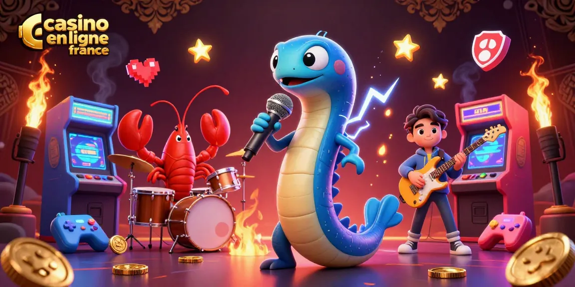 Illustration d'une scène de casino en ligne France avec un DJ anguille, un batteur homard et un guitariste hippocampe.