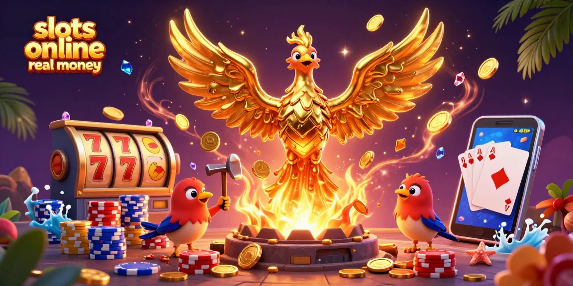 Experience the excitement of slots online real money with a dynamic 3D illustration of a golden phoenix and vibrant casino elements.