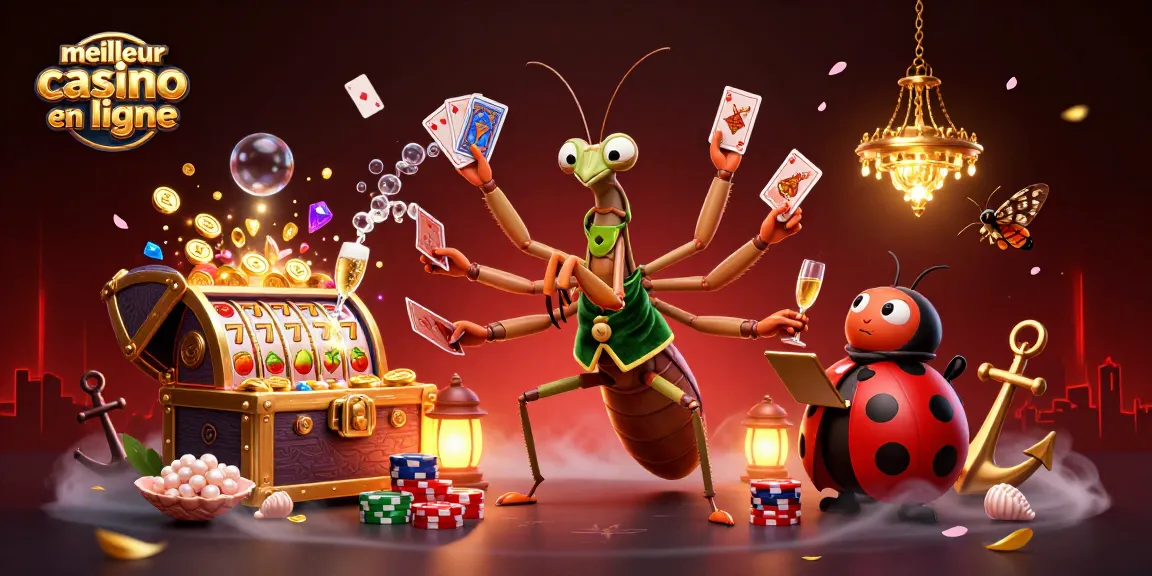 Illustration dynamique mettant en avant le meilleur casino en ligne avec un mante religieuse et son équipe de jeux.