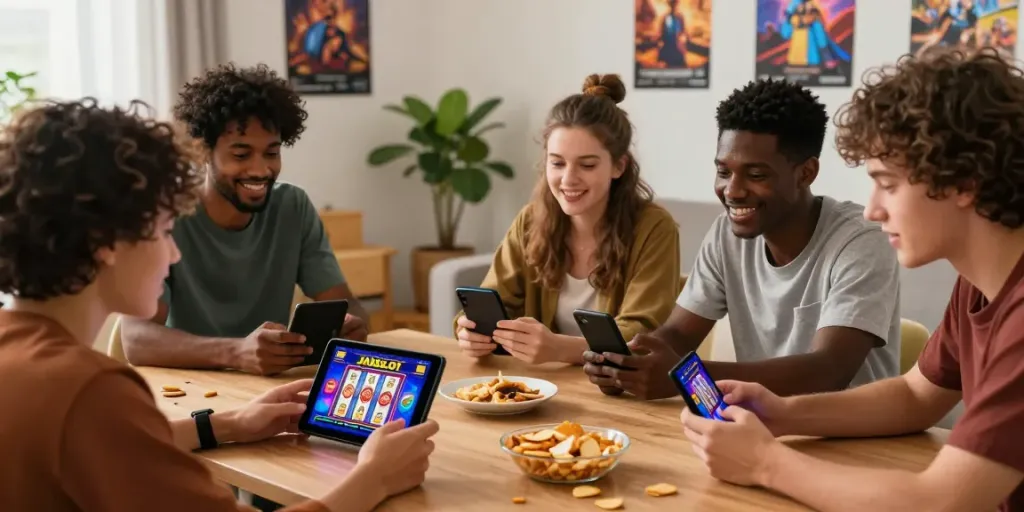 Teman-teman bermain JAVASLOT 5kw di smartphone dengan suasana ceria di ruang tamu.