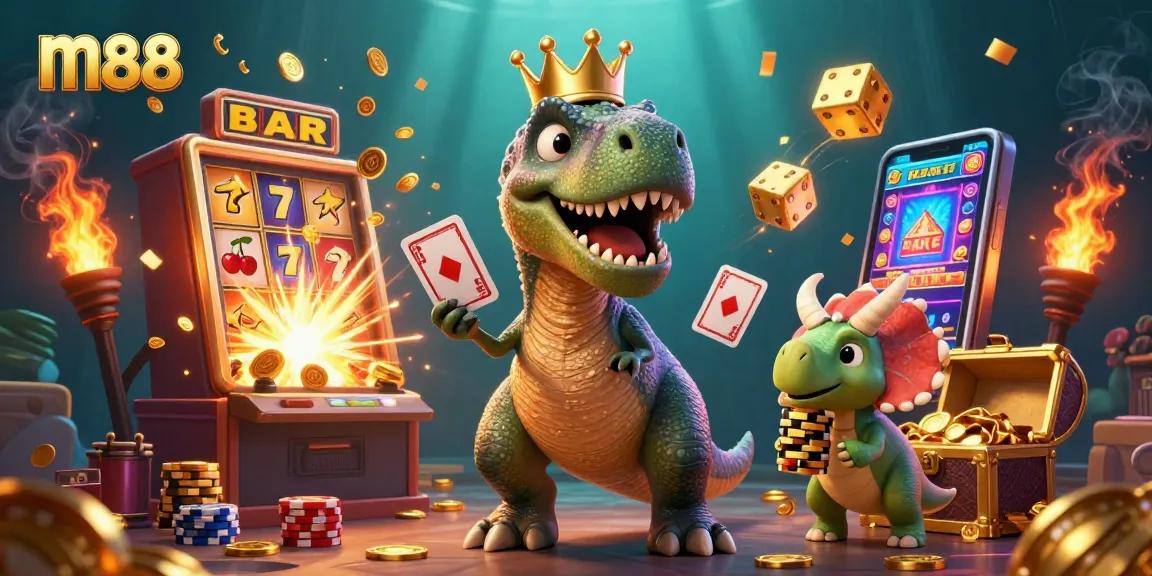 Experience the thrill of m88 with friendly characters enjoying casino games and winning big through dynamic illustrations.