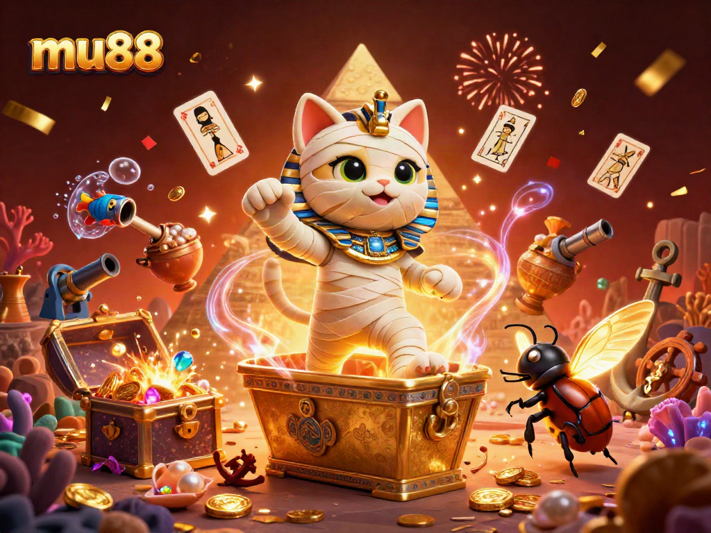 Mu88 casino scene with an Egyptian mummy cat and golden sarcophagus, featuring lively gaming elements.