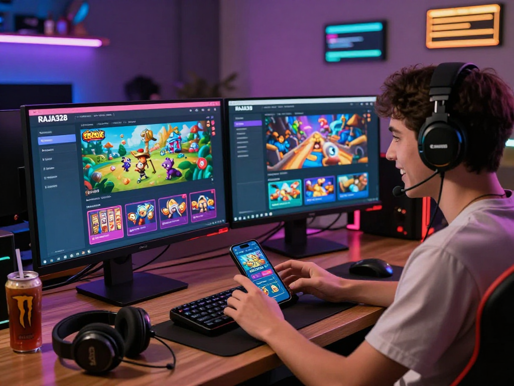 Player enjoying online gaming on RAJA328 platform, showcasing vibrant game options and engaging atmosphere.