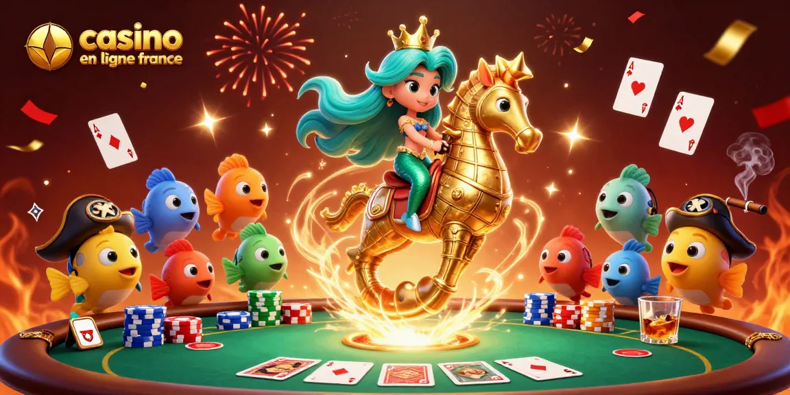 Illustration de "casino en ligne France" avec une sirène, hippocampe et poissons pirates, ambiance festive.