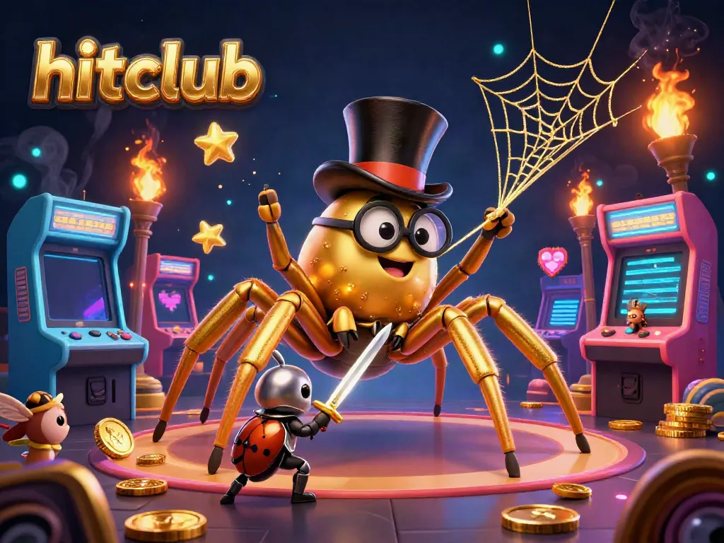 hitclub showcases a giant golden tarantula weaving golden webs, enticing players with vivid casino elements.