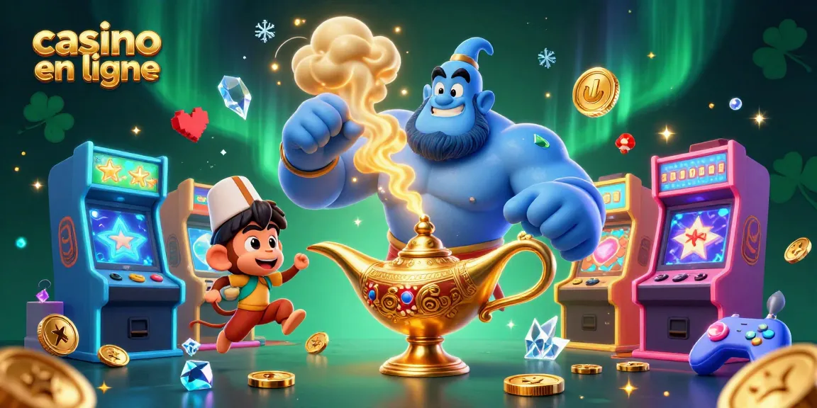 Illustrez l'excitation du casino en ligne avec un génie, un singe et un tapis volant.