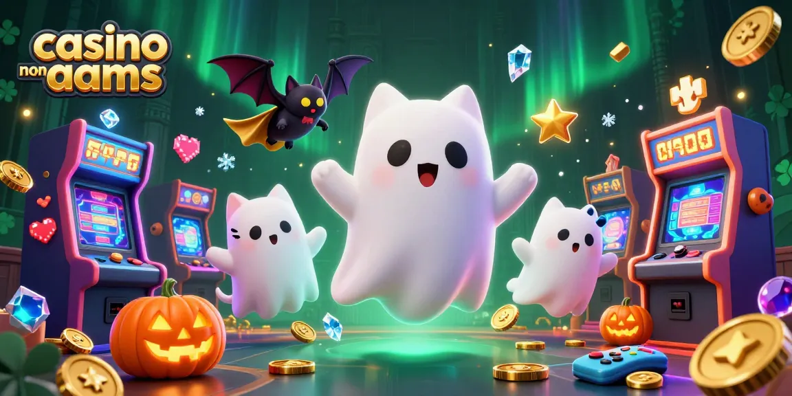 Attiva le vincite con casino non AAMS mentre il gatto fantasma fluttua tra slot e giochi luminosi.