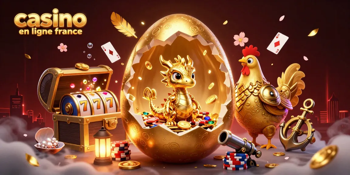 Illustration captivante d'un œuf doré révélant un dragon de cristal sur des jetons, représentant un casino en ligne France en action.
