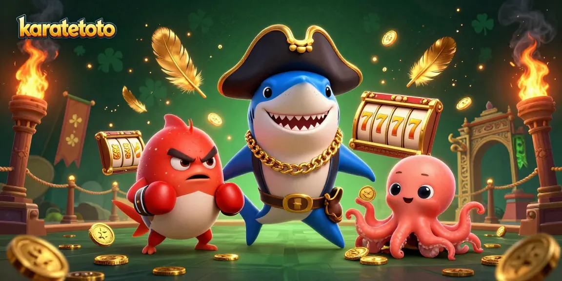 Karatetoto offers an exciting slot game scene with a pirate shark, pufferfish, and octopus in action.