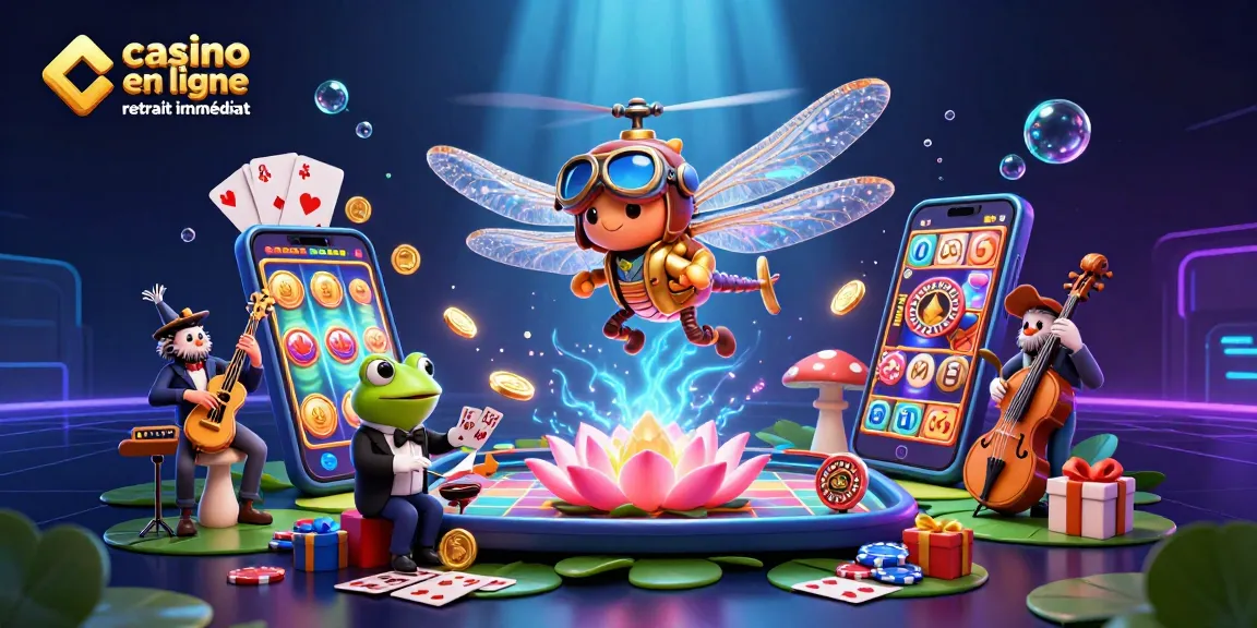 Jeu de casino en ligne retrait immédiat avec un pilote libellule et un croupier grenouille.