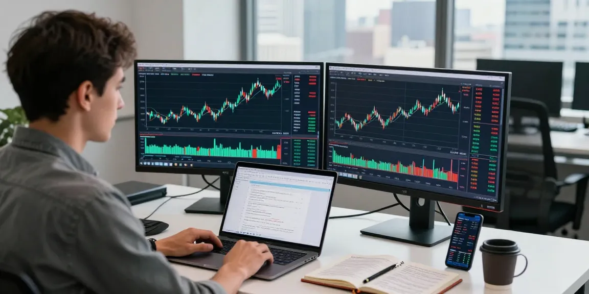 Trader using mt4 on dual monitors in a modern workspace