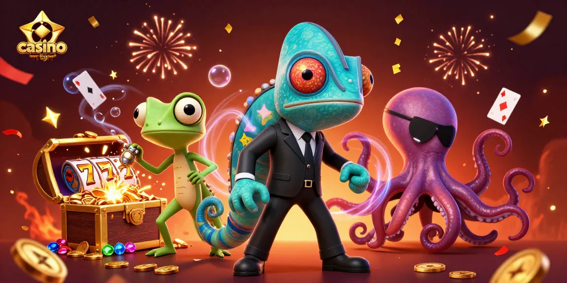 Plongez dans l'action des jeux de casino en ligne avec un caméléon agent secret et un octopus, entourés de joyaux et de bingo.