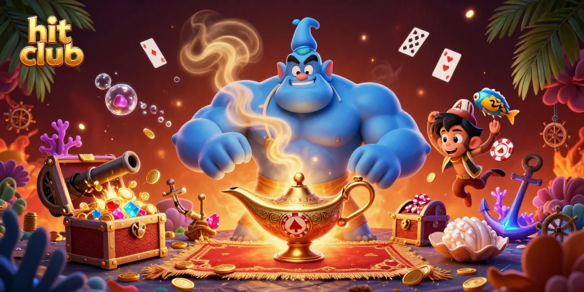 Engage with hit club's thrilling gaming experience through a vibrant 3D illustration featuring a genie, monkey, and poker chips.