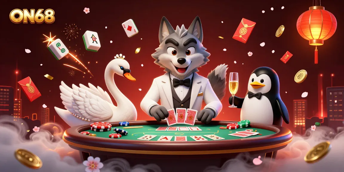 Experience the thrill of ON68 with a lively casino scene featuring vibrant characters and poker action.