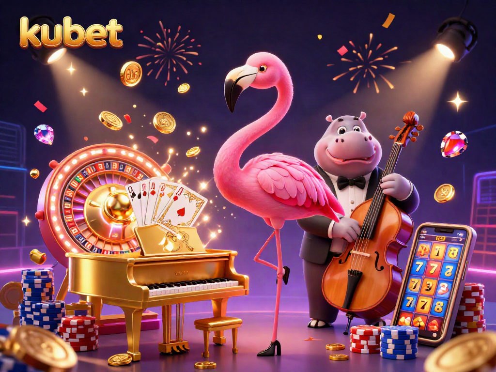 Experience kubet's casino excitement with vibrant gaming characters amidst cascading gems and coins.