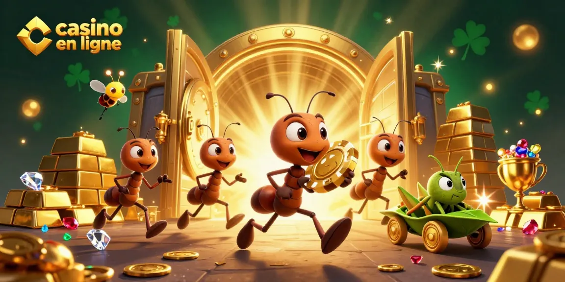 Les fourmis volent un jeton de poker géant au casino en ligne avec des sceaux d'or et des joyaux
