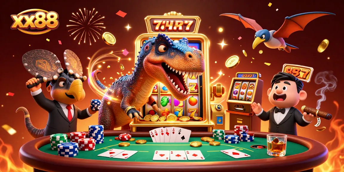 xx88 jackpot celebration with dinosaurs, golden coins, and a vibrant casino scene