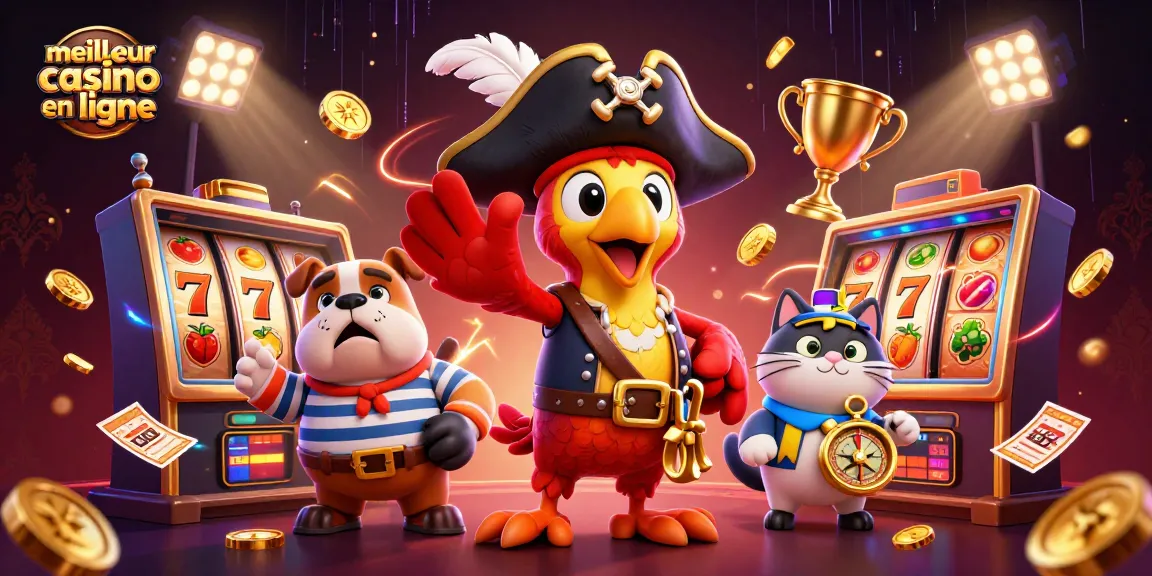 Illustration captivante d'un meilleur casino en ligne avec des personnages de pirate et des éléments de machines à sous