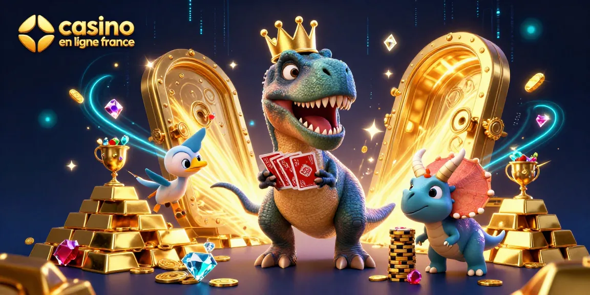 Illustration colorée de casino en ligne France avec T-Rex, des cartes et des jetons d'or