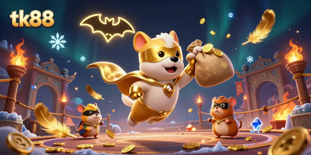 Experience the thrill of tk88 with a superhero dog flying and collecting gold coins in a vibrant casino world.