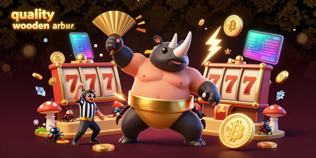 Experience quality wooden arbours as a 3D cartoon beetle champion stomps gold coins in a vibrant casino.