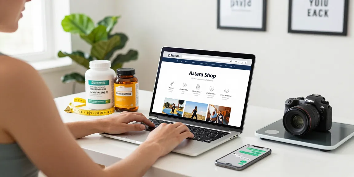 Shop at Astera Shop for fitness supplements and health products in a vibrant home office.