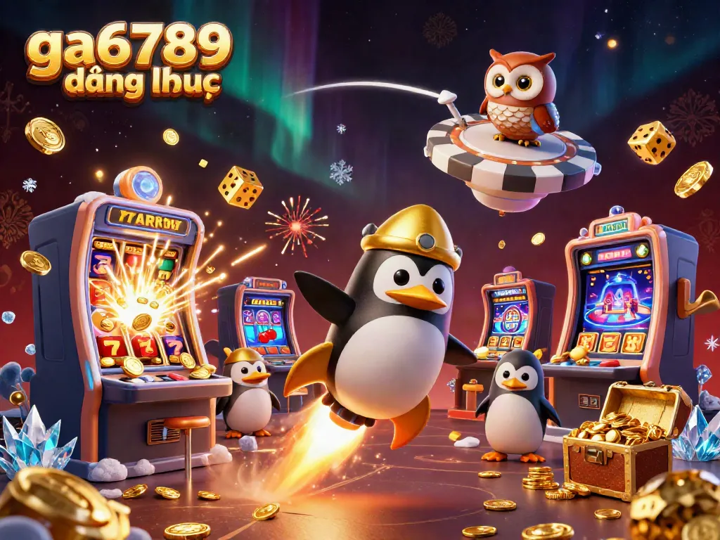 Experience the fun at ga6789 đăng nhập with dynamic casino elements and golden penguins in space!