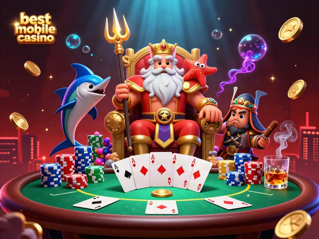 Experience thrilling gameplay in the best mobile casino Australia with Neptune, poker chips, and dynamic casino elements.