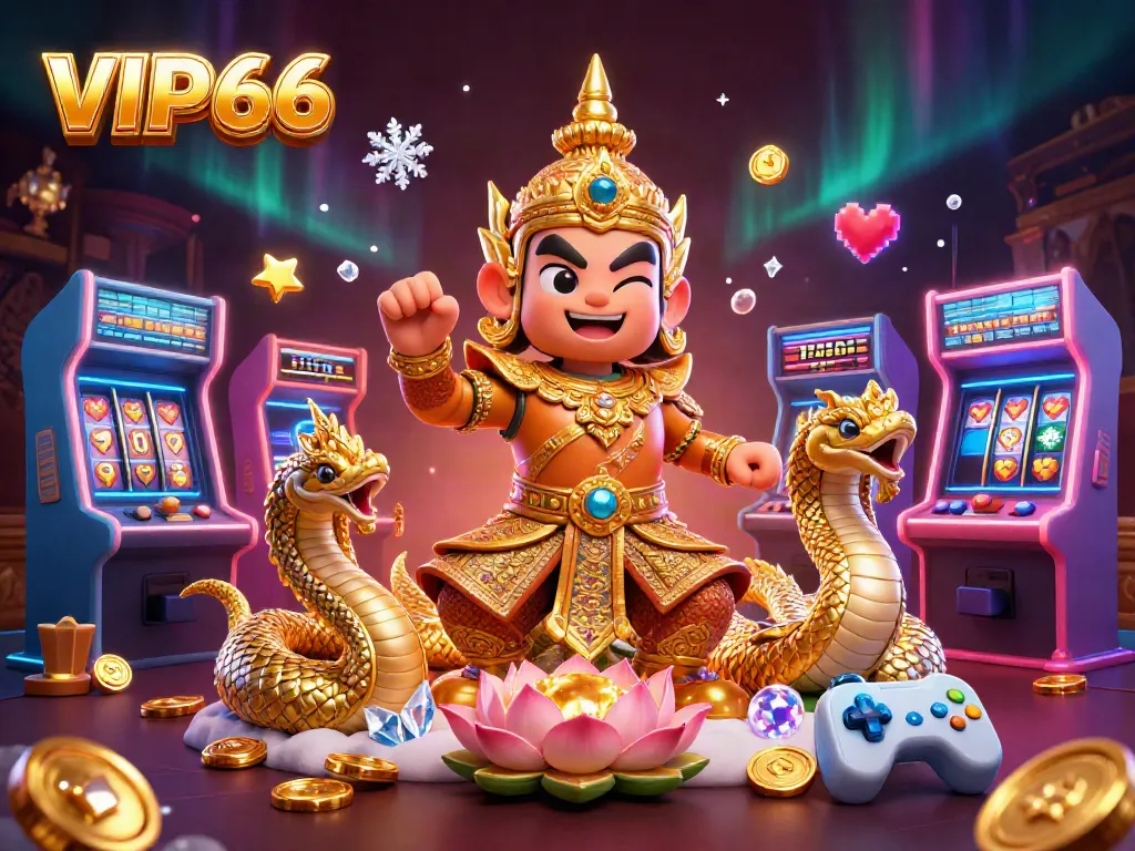 Experience excitement with VIP66's colorful casino slots and vibrant characters in a dynamic 3D scene.