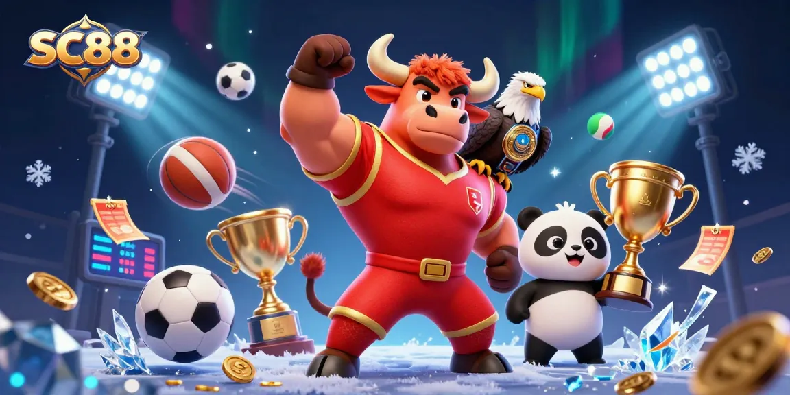 SC88 players celebrating victory with a bull mascot and eagle in a dynamic casino scene filled with sports elements.