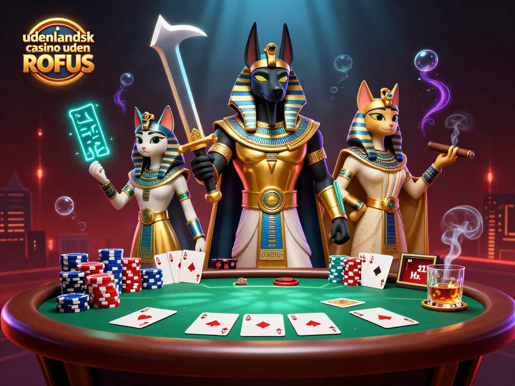 Engage with udenlandsk casino uden ROFUS on a dynamic scene featuring Anubis and Bastet at a vibrant poker table.