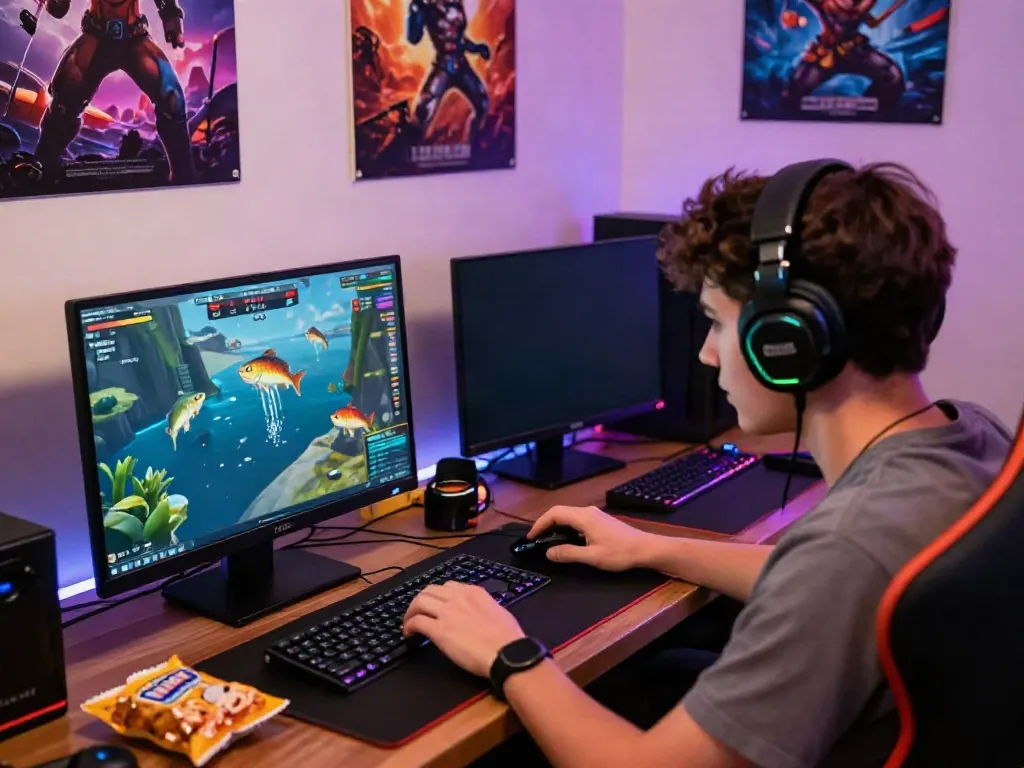 Engaged player enjoying du88 fishing game on laptop in a vibrant gaming setup.